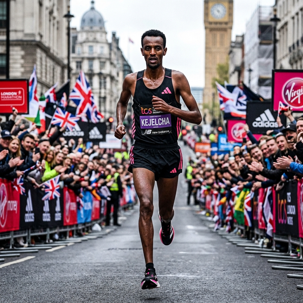 Yomif Kejelcha running the 2026 London Marathon