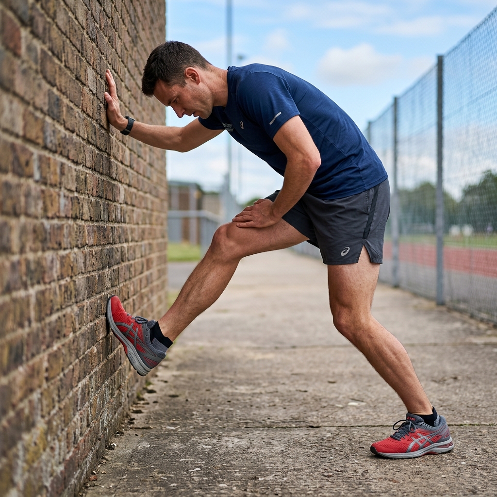 Runner performing a wall ankle dorsiflexion stretch near a track