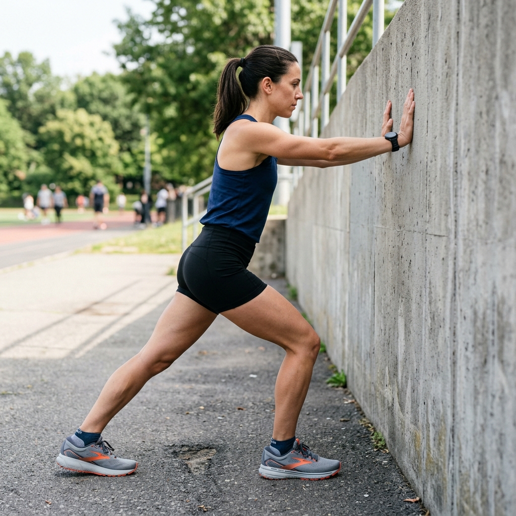 Runner doing a standing calf stretch against a wall near a track