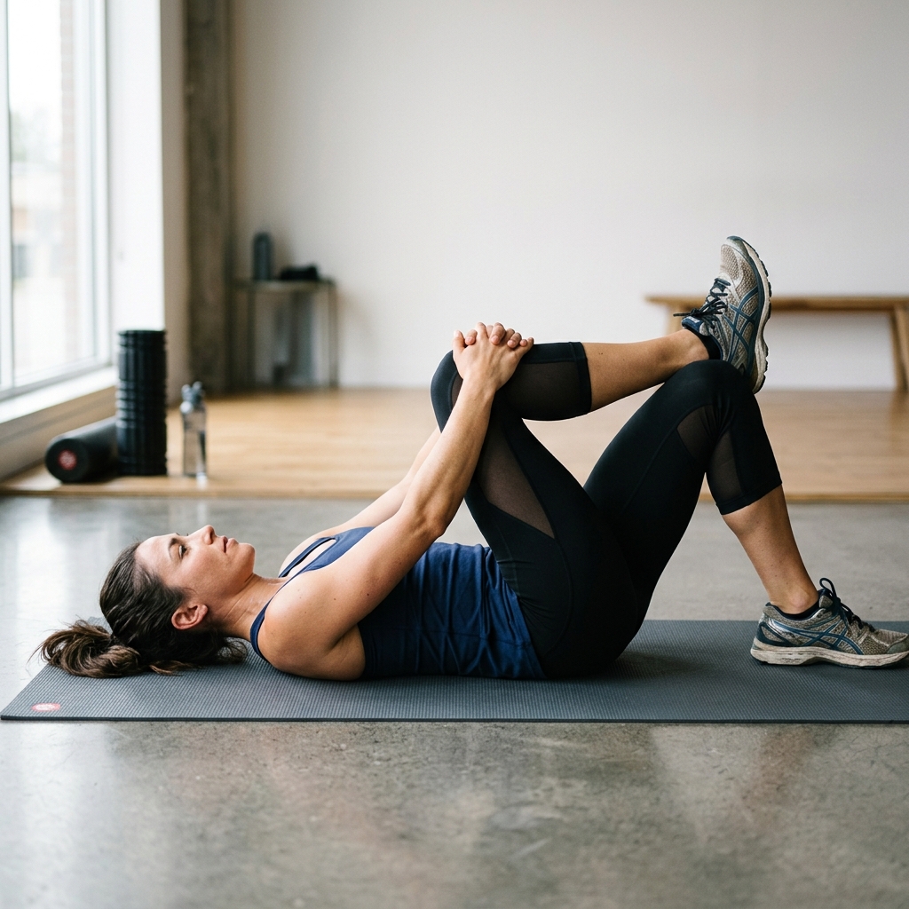 Runner performing a figure-4 piriformis stretch lying on a yoga mat