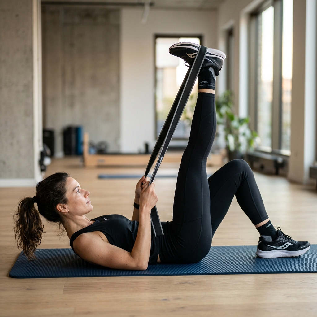 Runner performing a lying hamstring stretch with resistance band in a studio