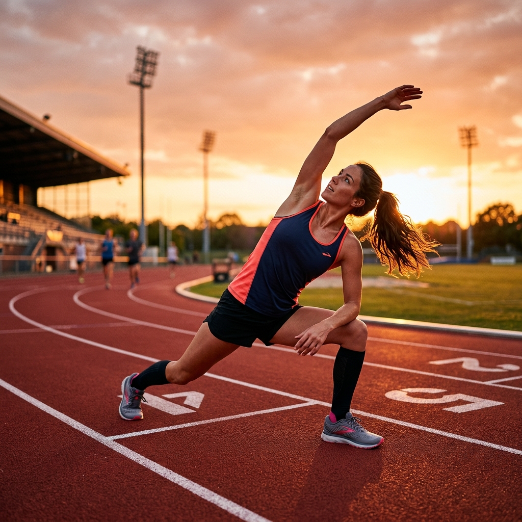 Runner stretching dynamically on a track at golden hour