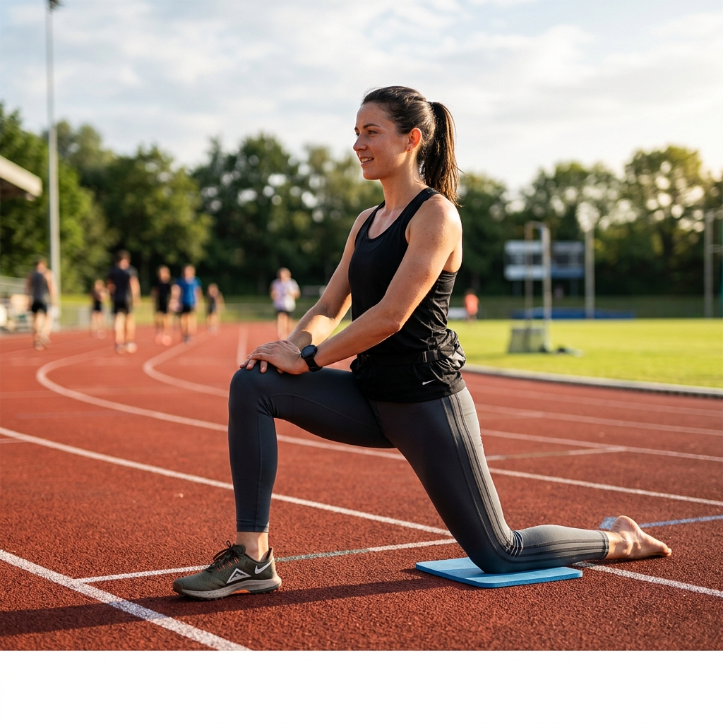 Runner performing a kneeling hip flexor lunge stretch on a running track