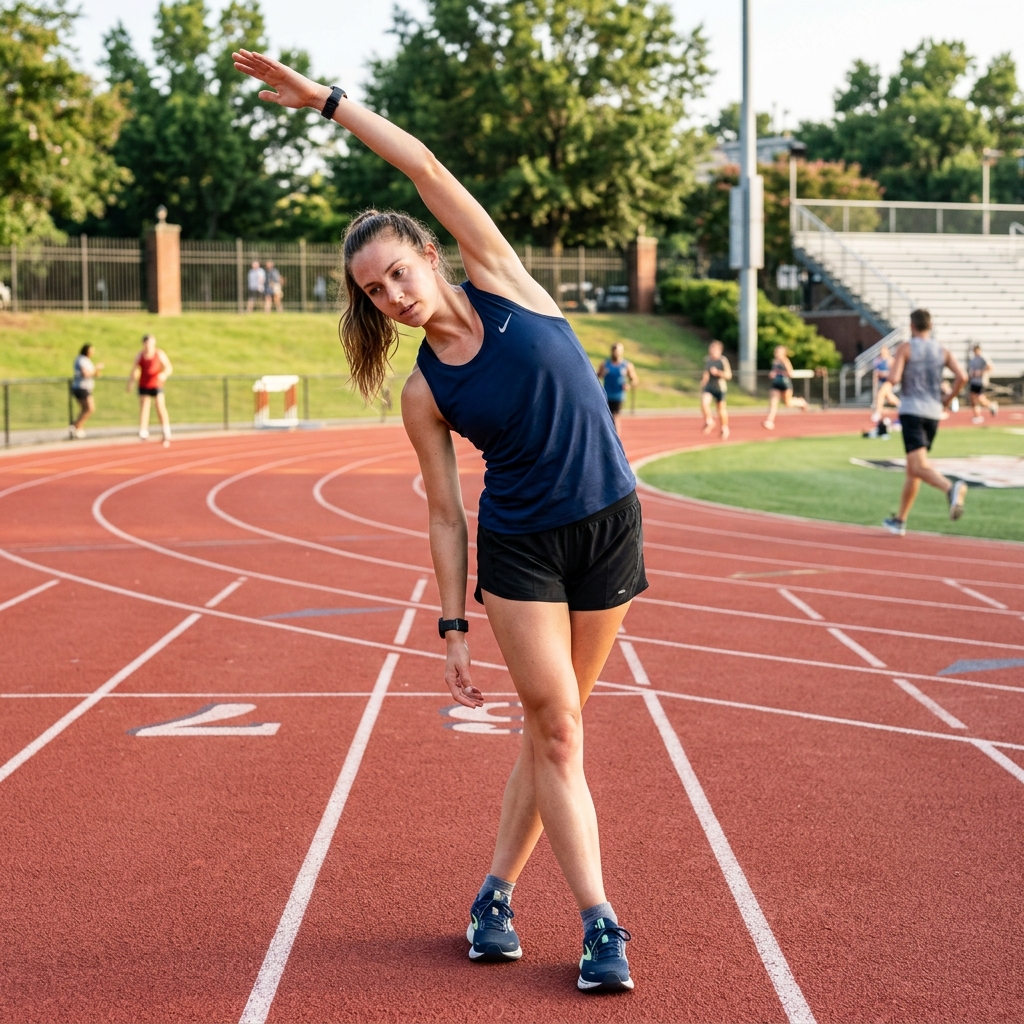 Runner performing a standing IT band side stretch on a track