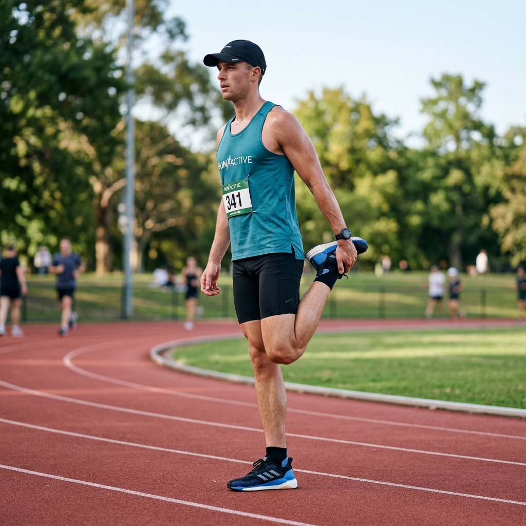 Runner performing a standing quad stretch on a running track