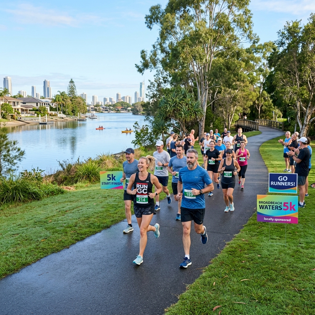 A group of runners on a flat paved path in Broadbeach Waters, Gold Coast