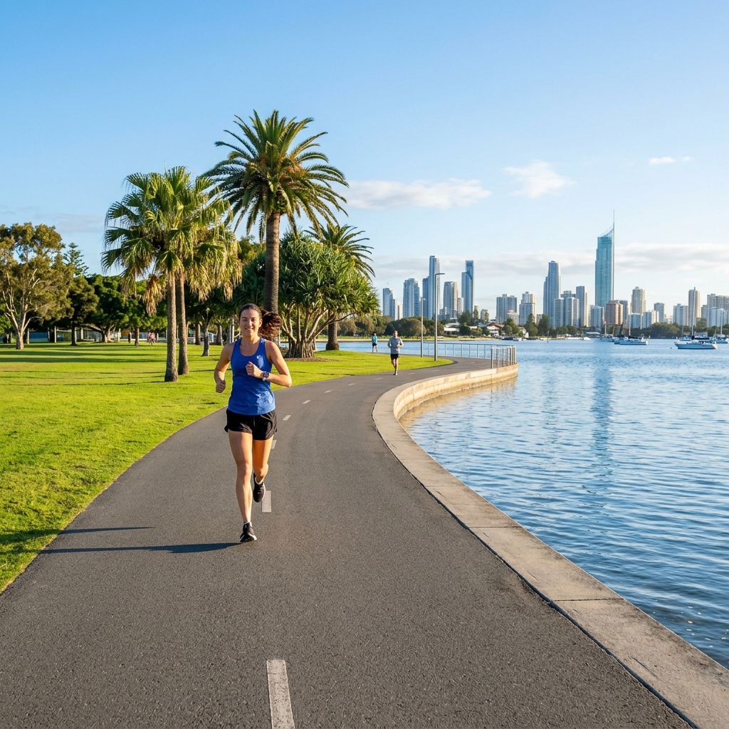 A runner jogging on a wide, flat paved path in Broadwater Parklands on the Gold Coast