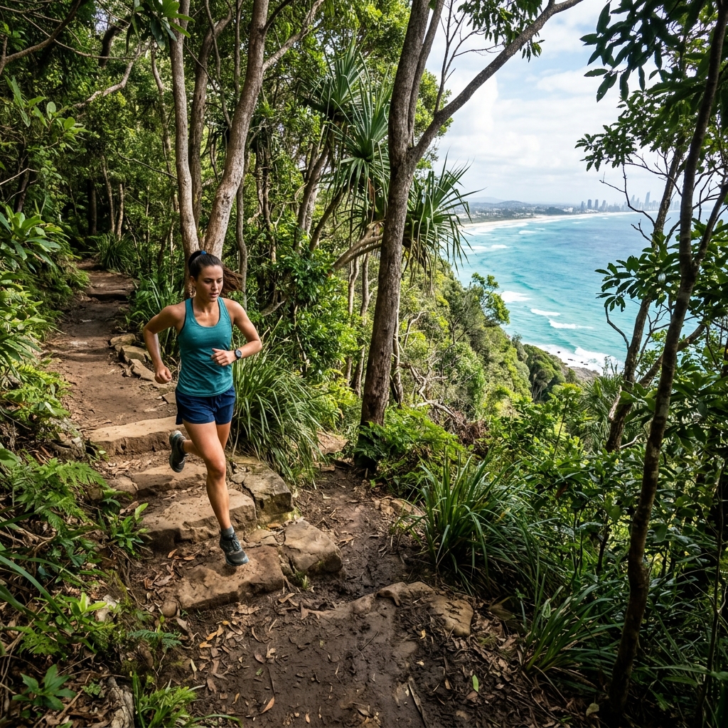 A runner navigating a dirt trail and stone steps inside Burleigh Head National Park