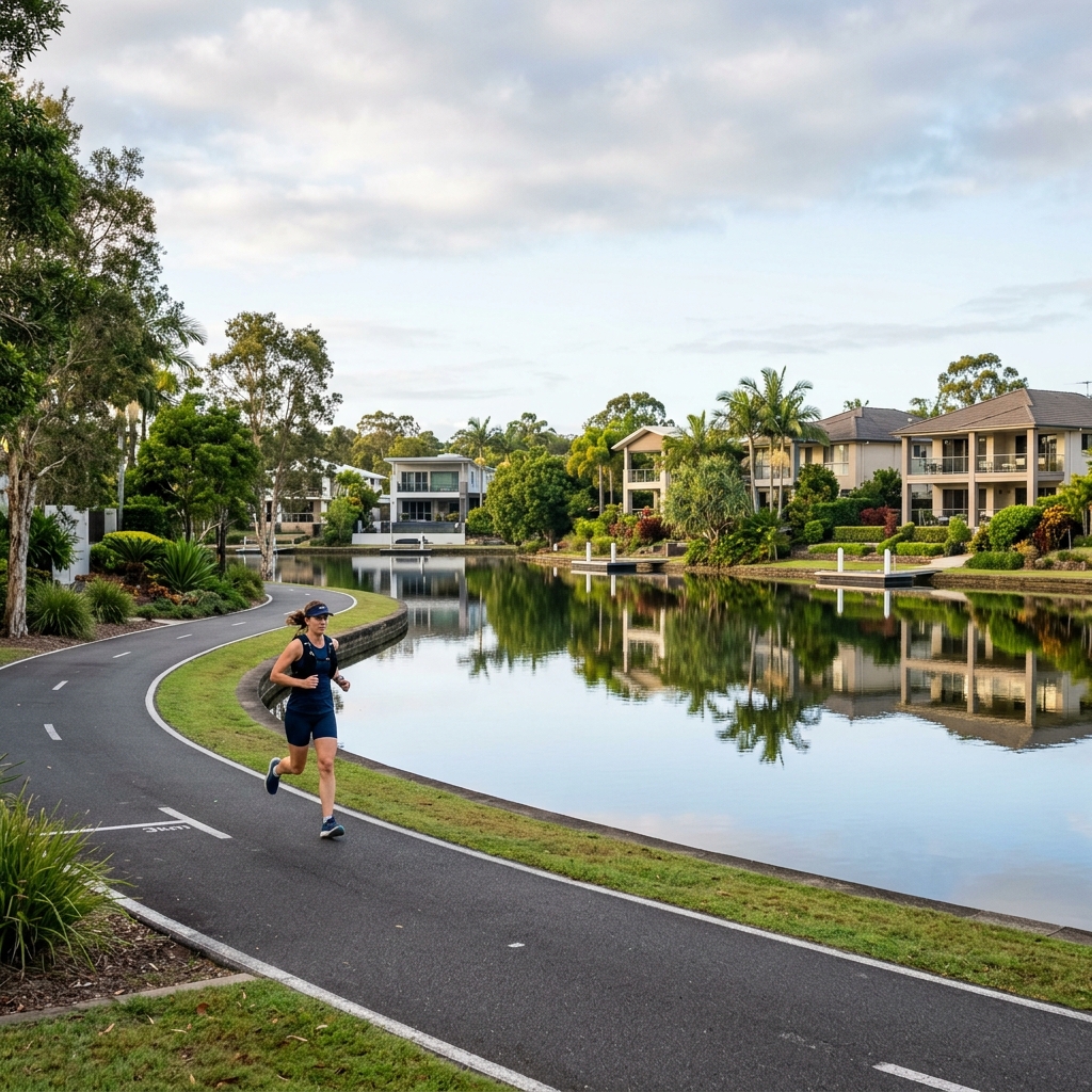 A peaceful 3km paved running loop around a calm central lake in the Emerald Lakes estate