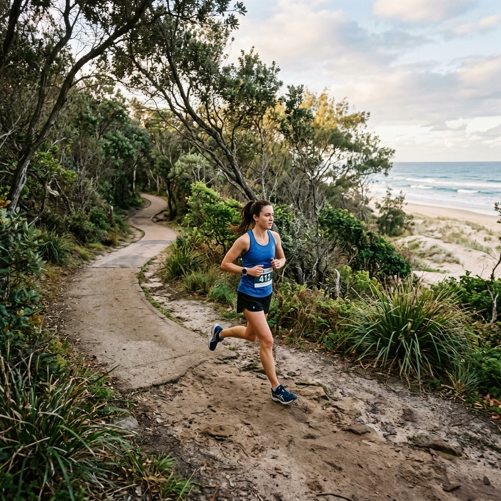 A runner on a mixed dirt and paved path winding through coastal woodland in Federation Walk