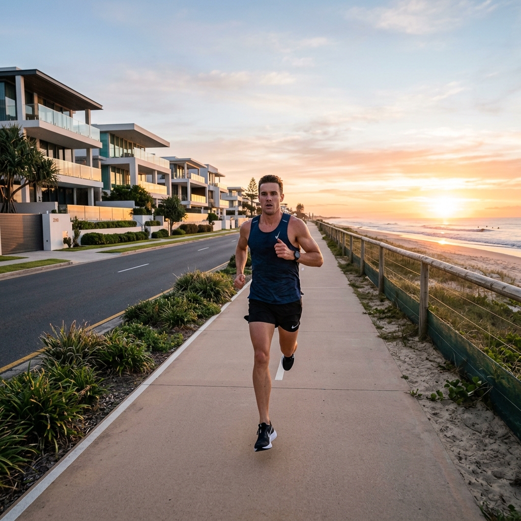 A runner doing speed work early in the morning along Hedges Avenue in Mermaid Beach