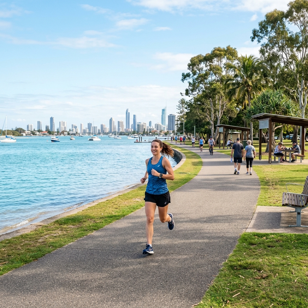 A continuous paved waterfront path running along the Gold Coast Broadwater near Biggera Waters