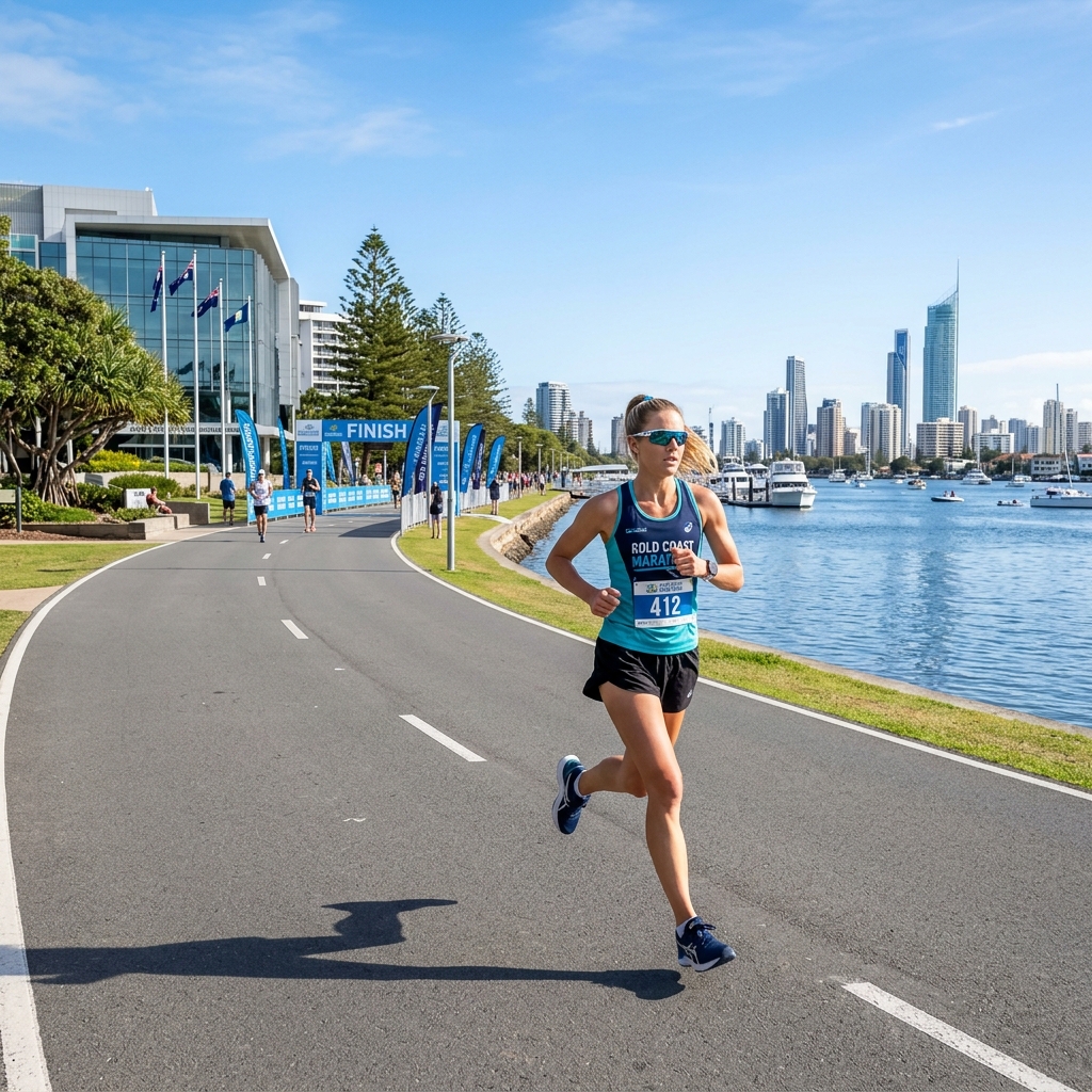 A runner rehearsing on the wide paved path near the Southport Broadwater Parklands
