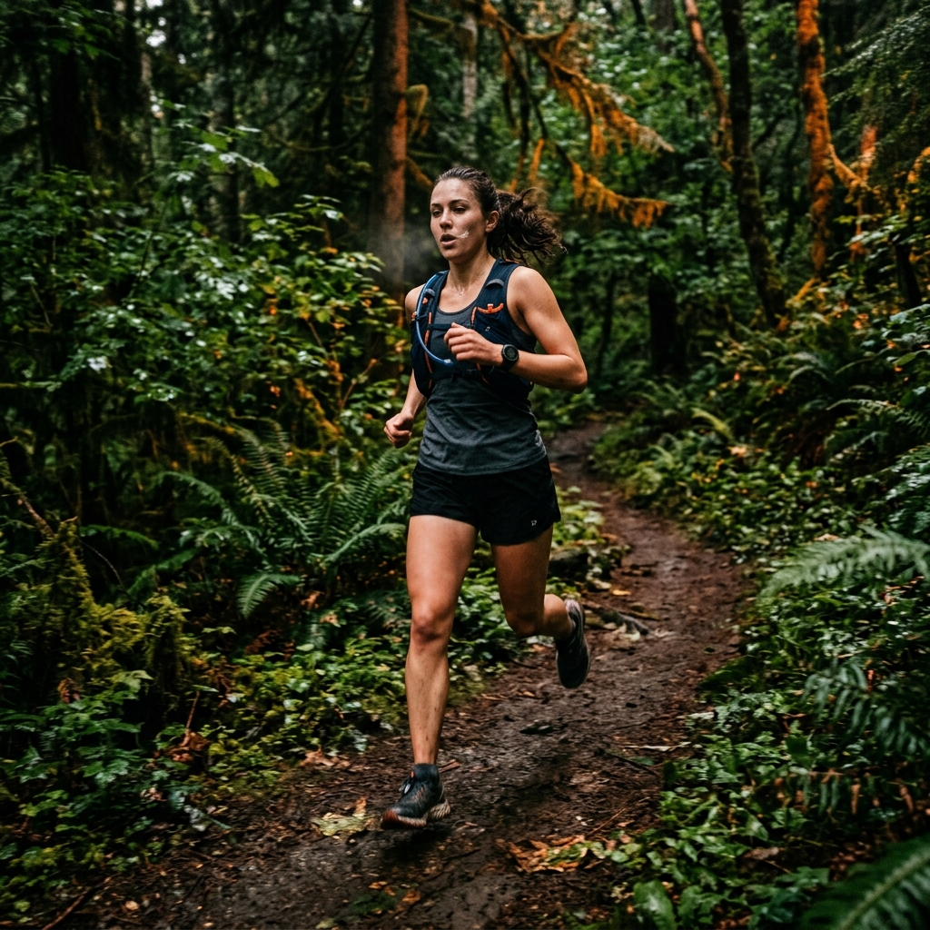 Female runner breathing on a forest trail