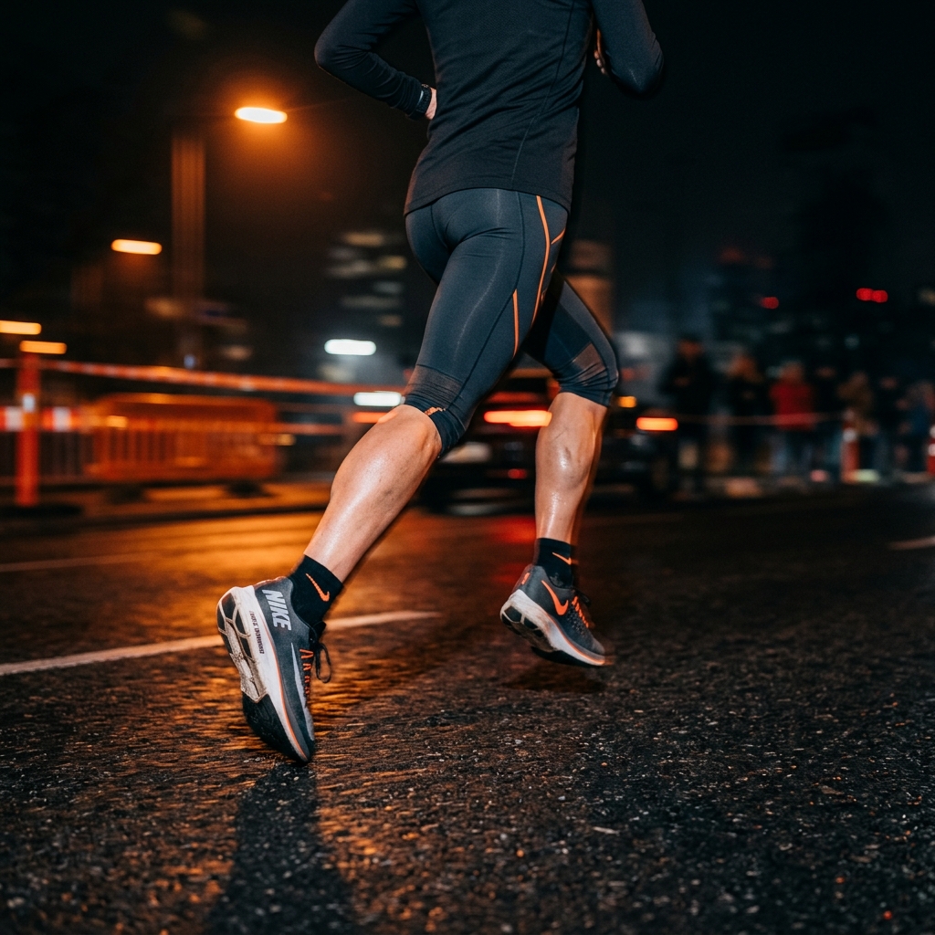 Runner's lower legs and shins during a night run on wet roads
