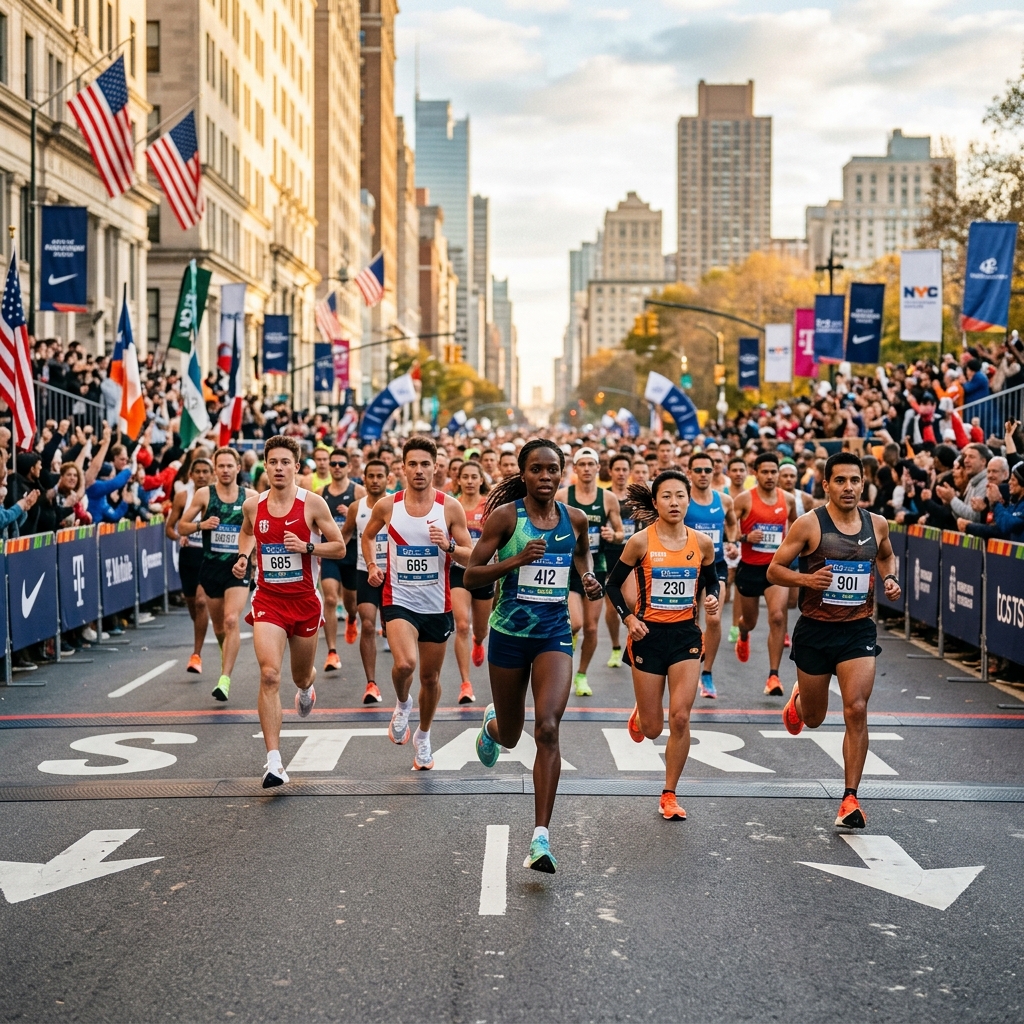Runners starting a marathon under morning light