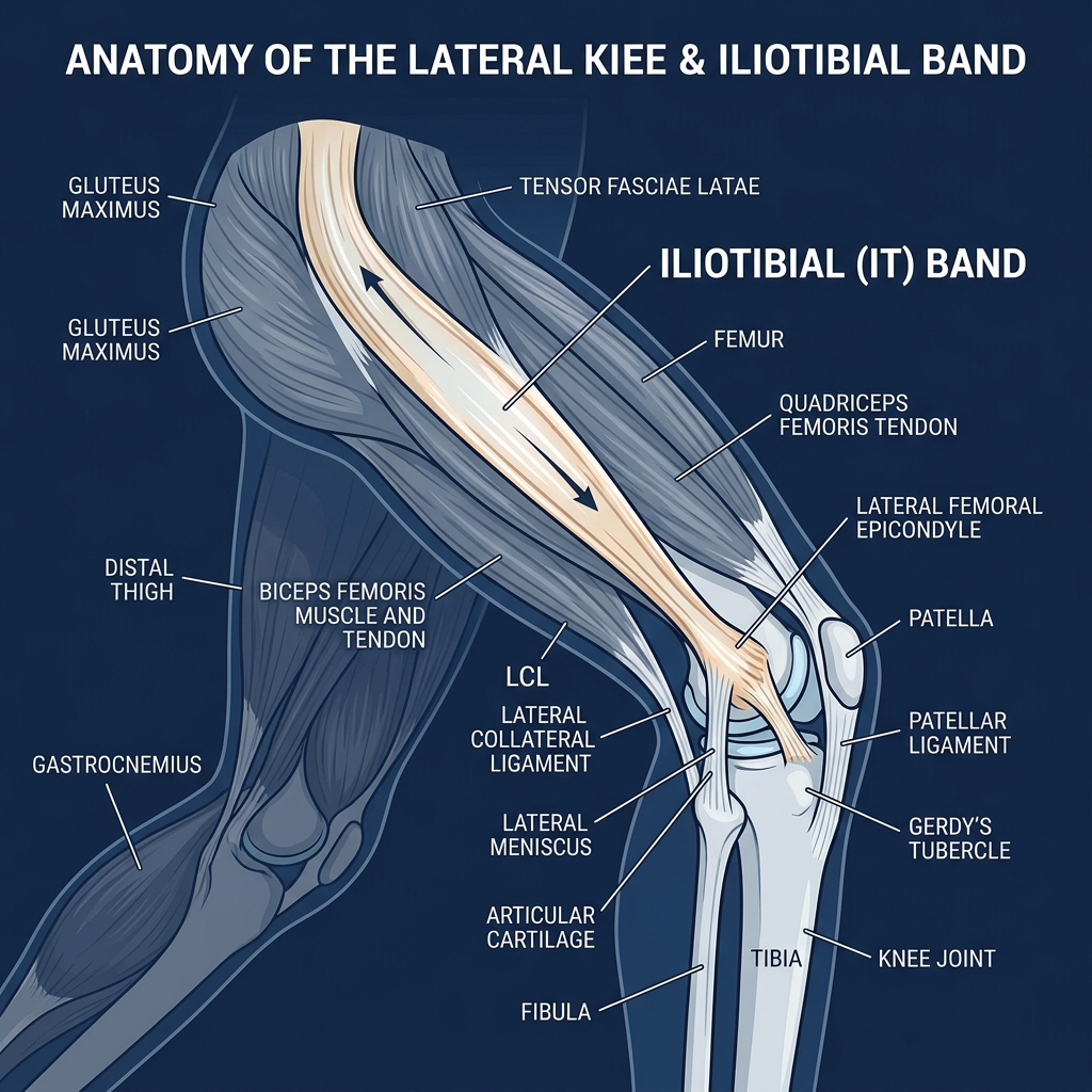 Anatomy of the lateral knee and iliotibial (IT) band showing areas of compression