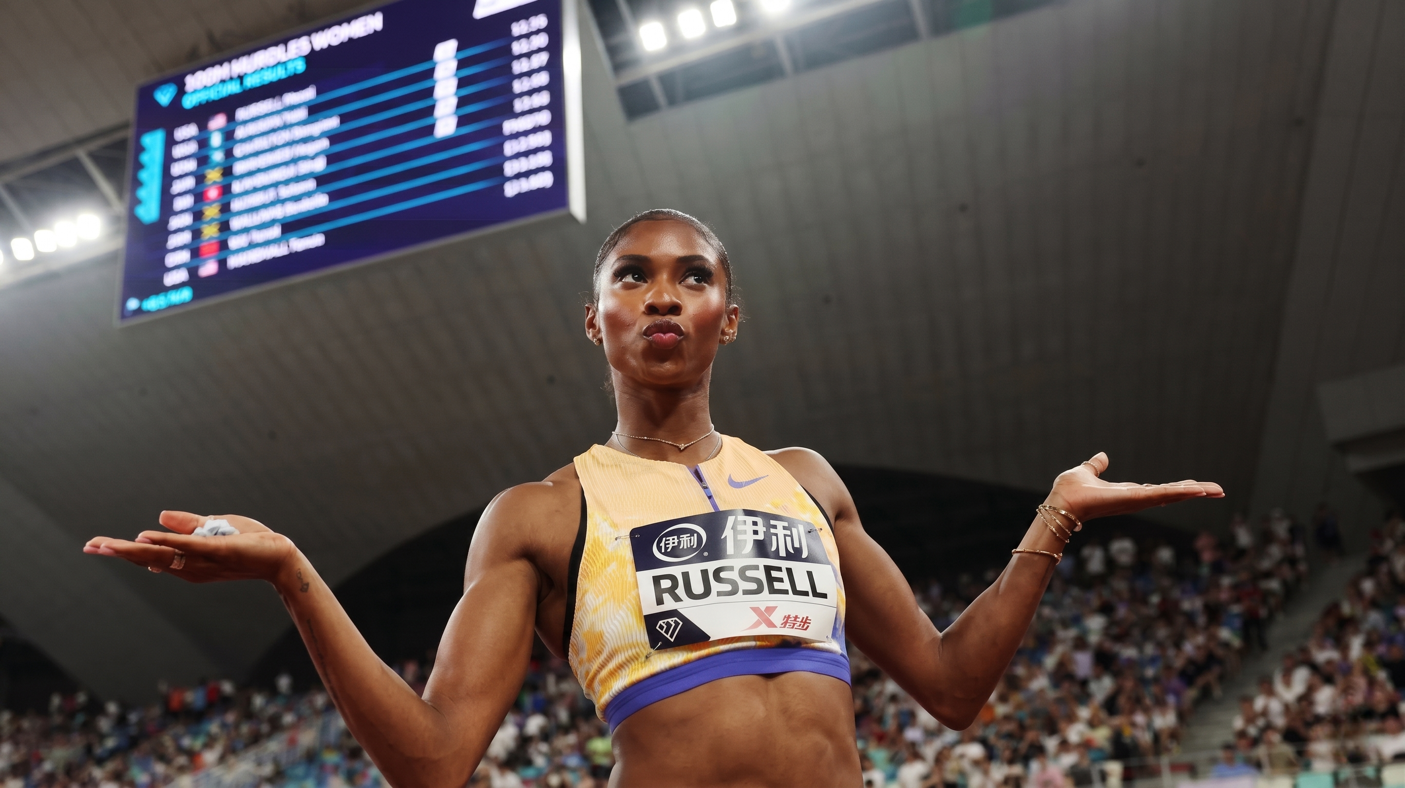 Masai Russell winning the 100m hurdles at the 2026 Xiamen Diamond League