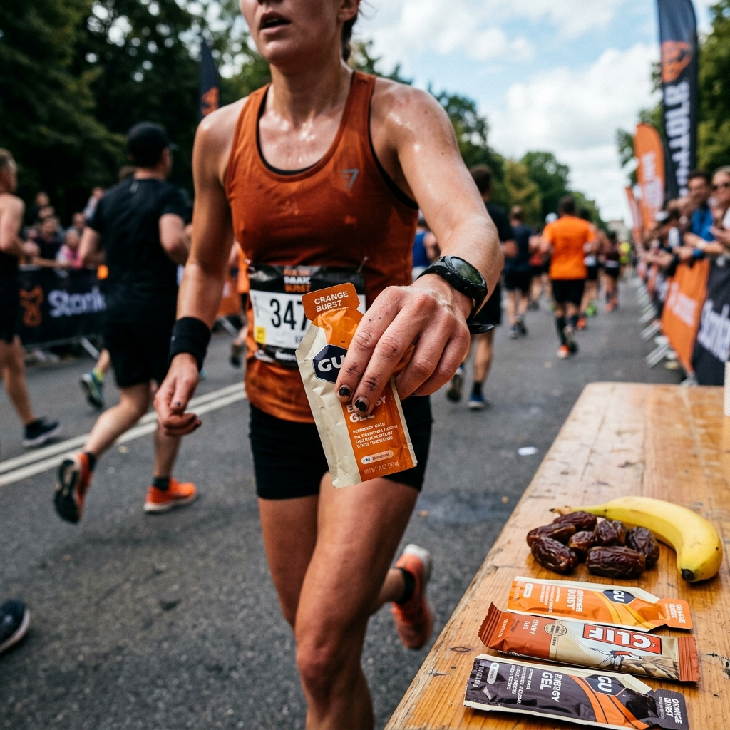 Runner grabbing a gel mid-race with energy food laid out on a table