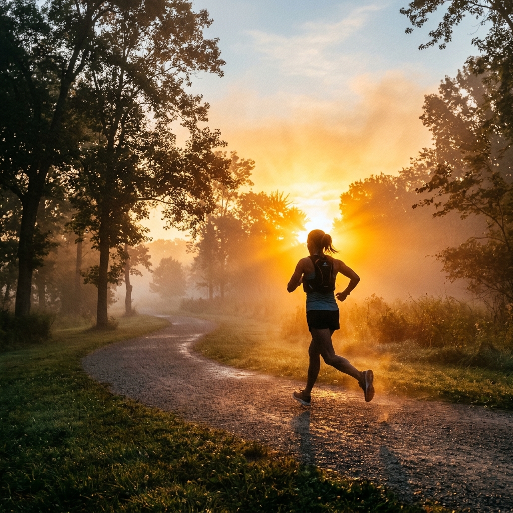 Runner silhouette at sunrise in misty park with orange morning light