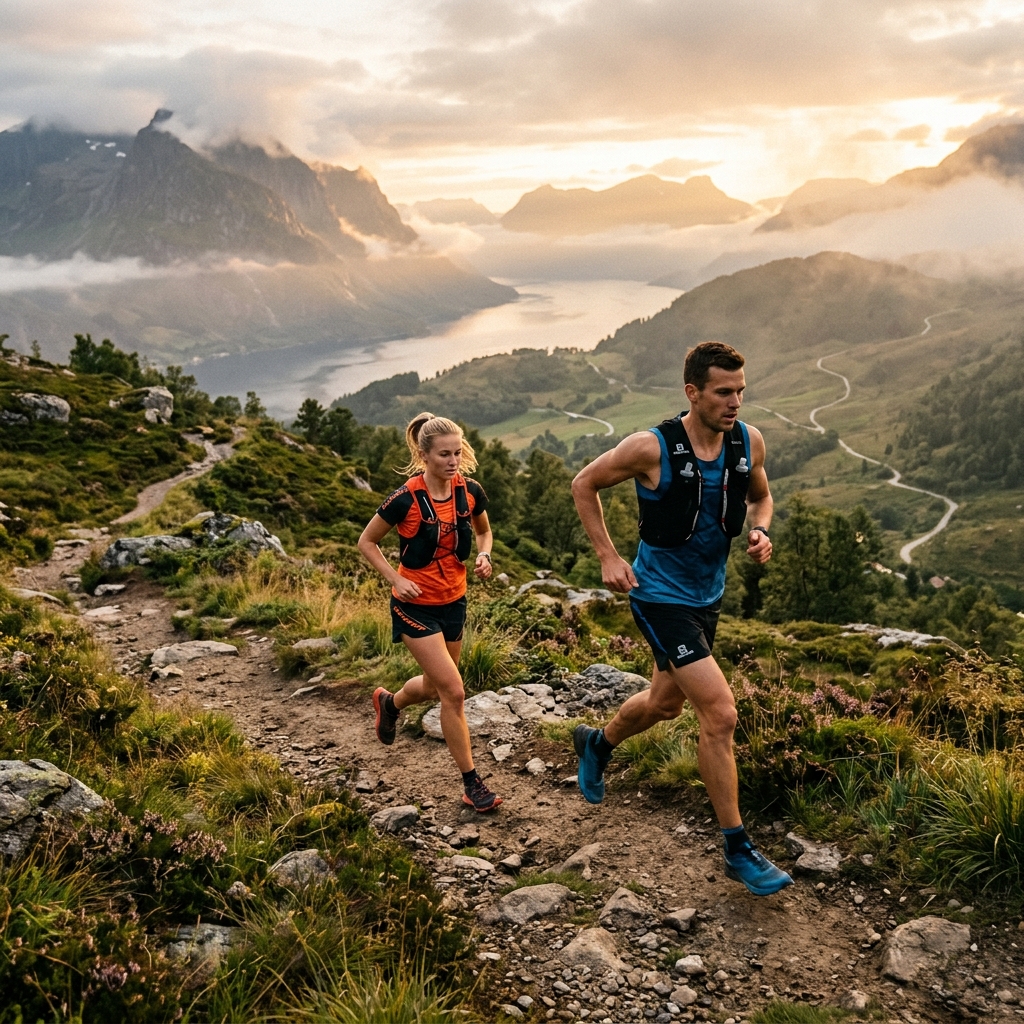 Female and male runners running on a misty Norwegian trail