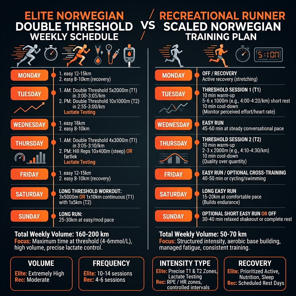 Elite Norwegian Double Threshold vs Scaled Recreational Training Plan Infographic