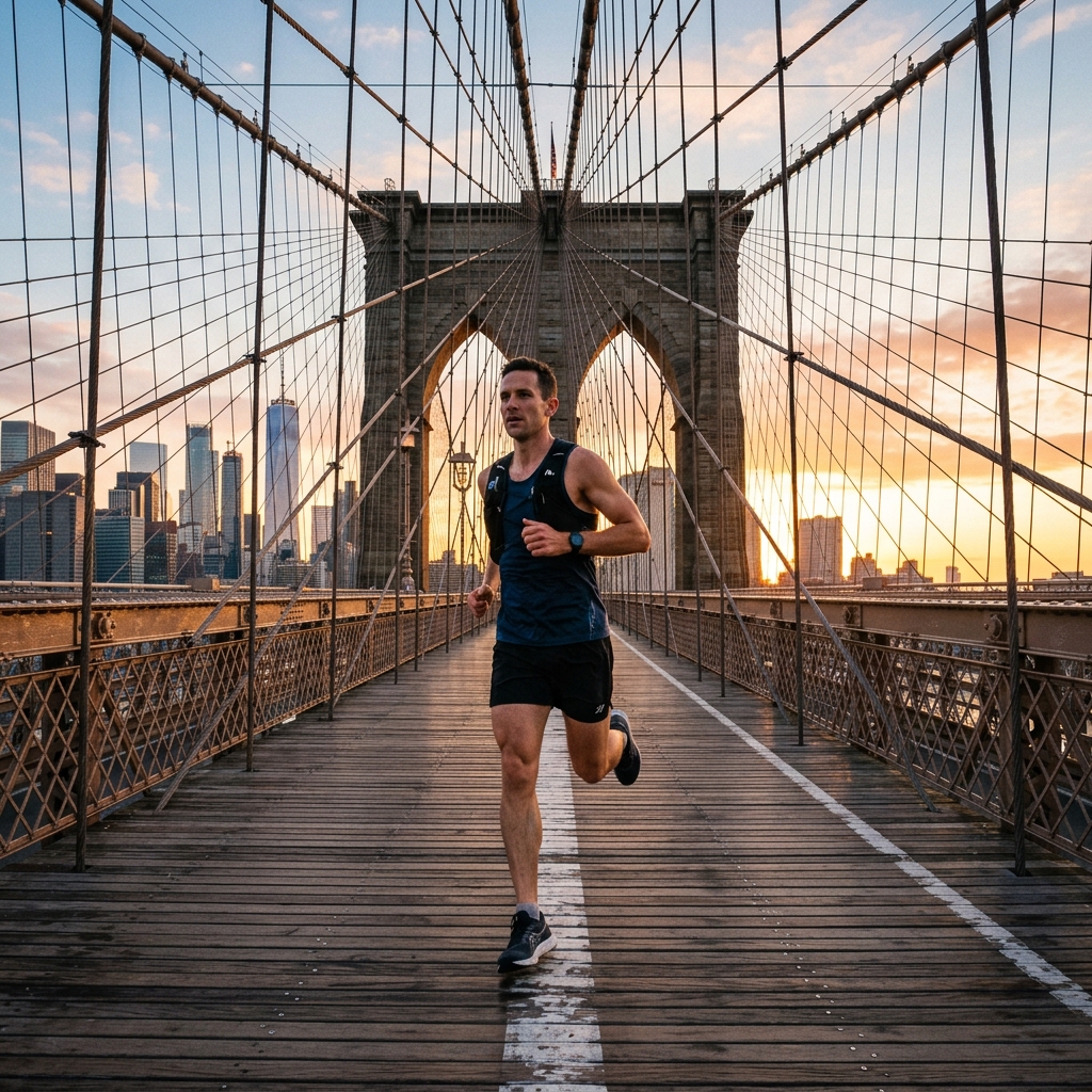 Runner crossing the Brooklyn Bridge at sunrise