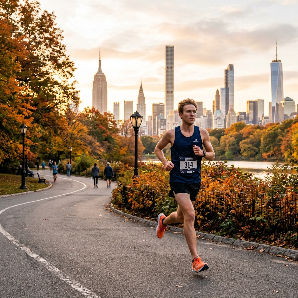 Runner on the Central Park main loop path with Manhattan skyline visible through trees