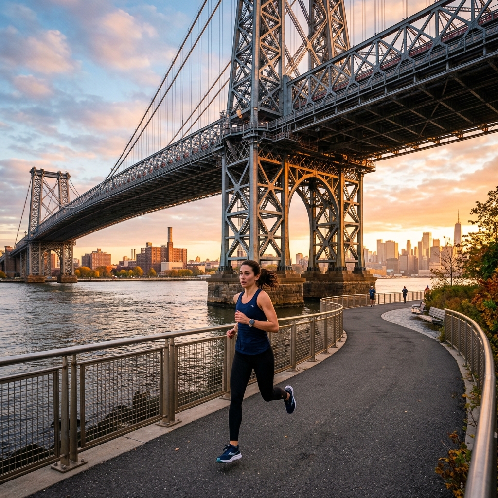 Runner along the East River Greenway path with Manhattan Bridge overhead