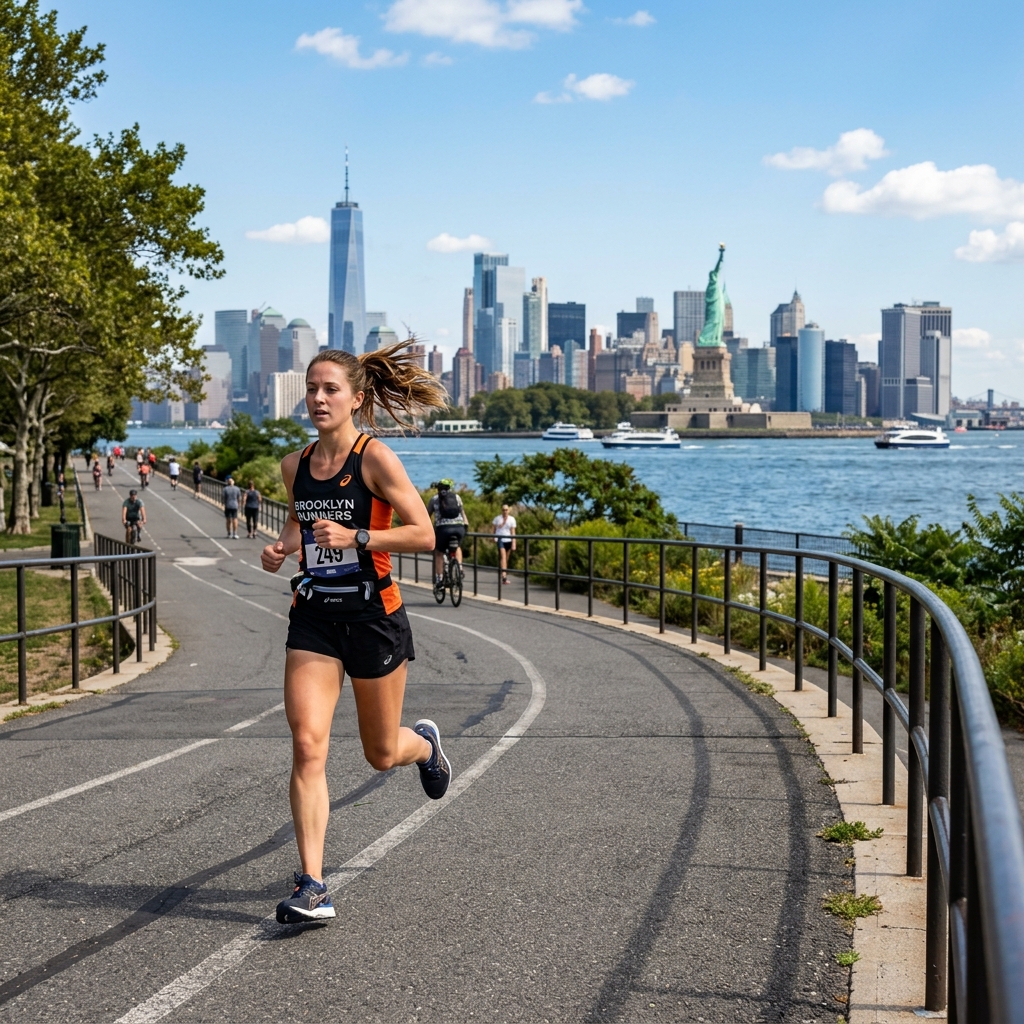 Runner on the waterfront path of Governors Island with Statue of Liberty in distance