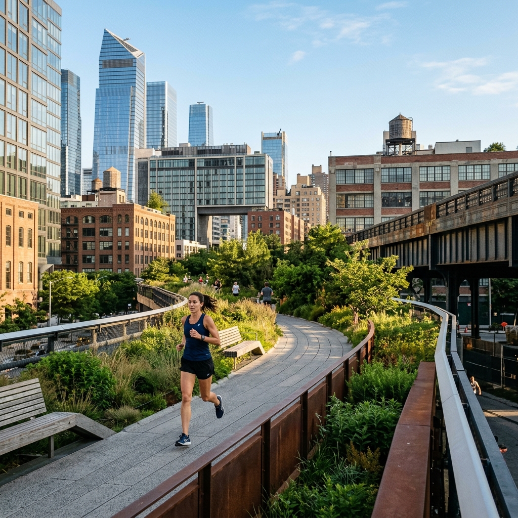 Runner on the High Line elevated park in NYC
