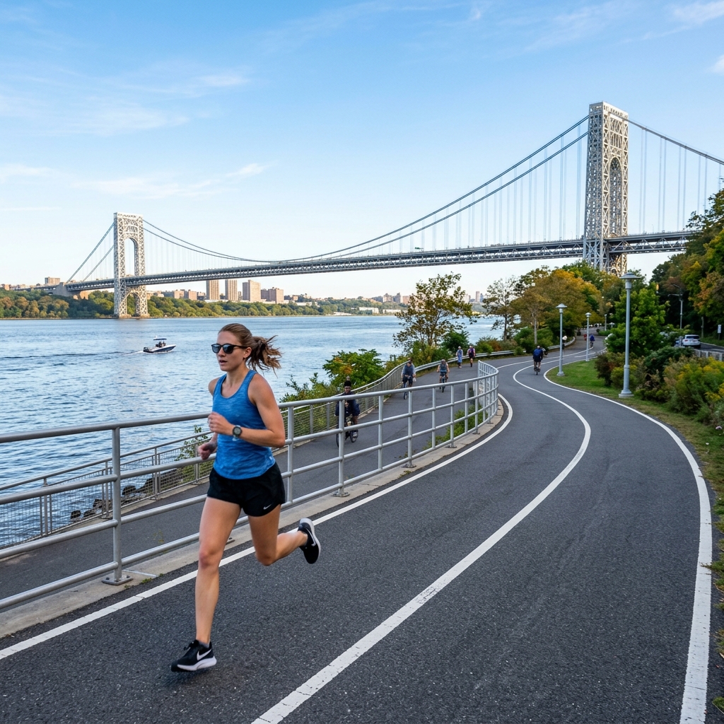 Runner along the Hudson River Greenway path with the George Washington Bridge in the background