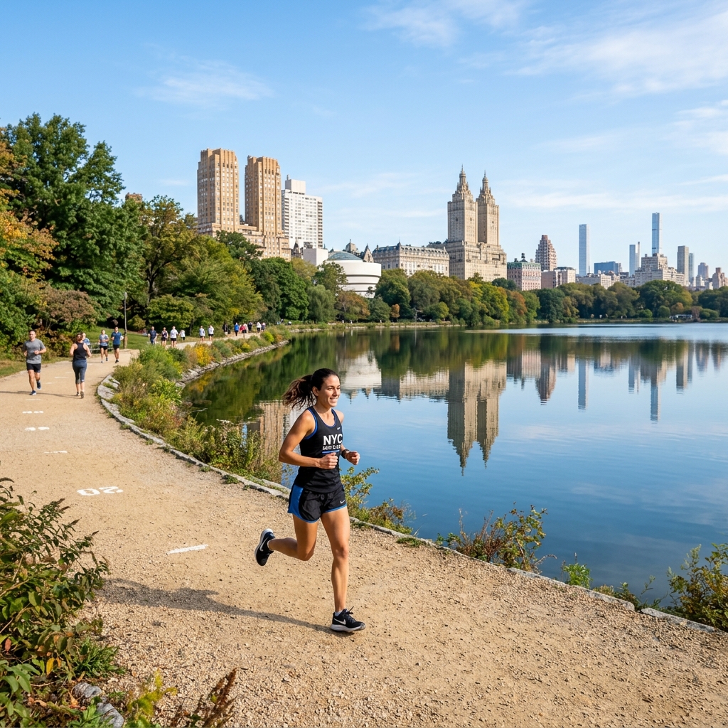 Runner on the Jacqueline Kennedy Onassis Reservoir path in Central Park