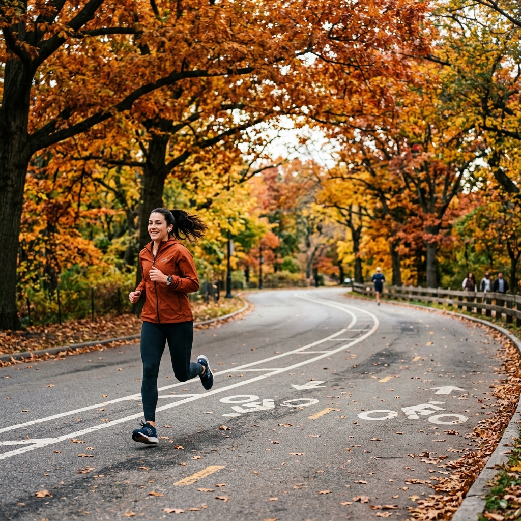 Runner on the Prospect Park loop road amidst autumn foliage