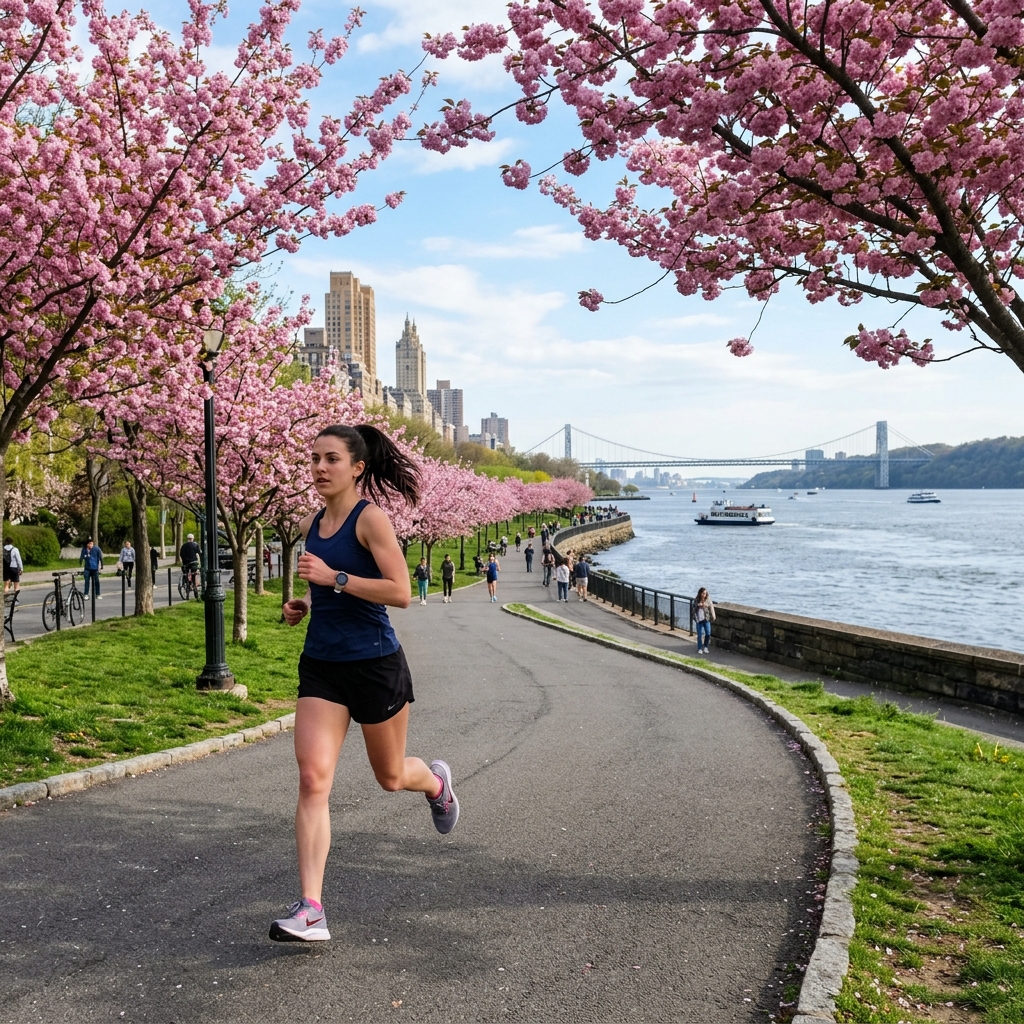 Runner on a path in Riverside Park next to the Hudson River