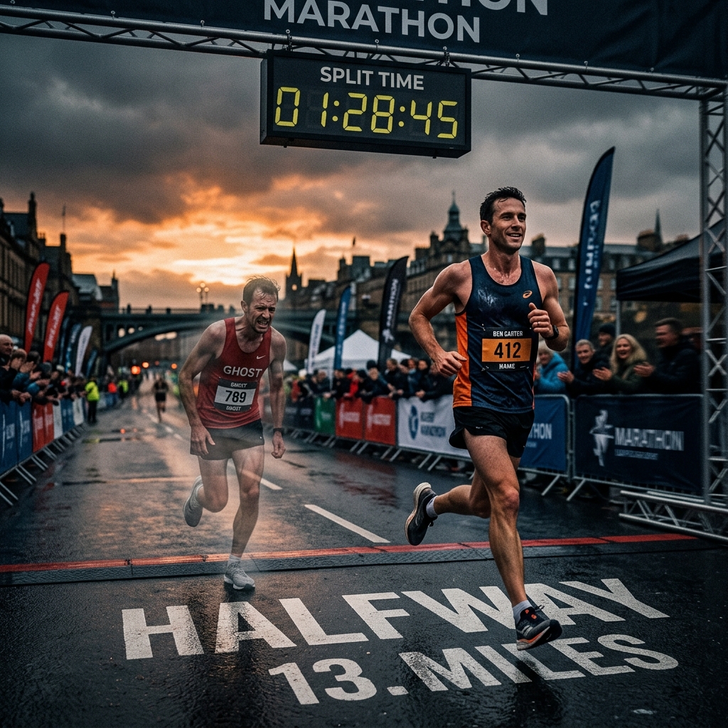 Race halfway point with one runner holding pace and another fading