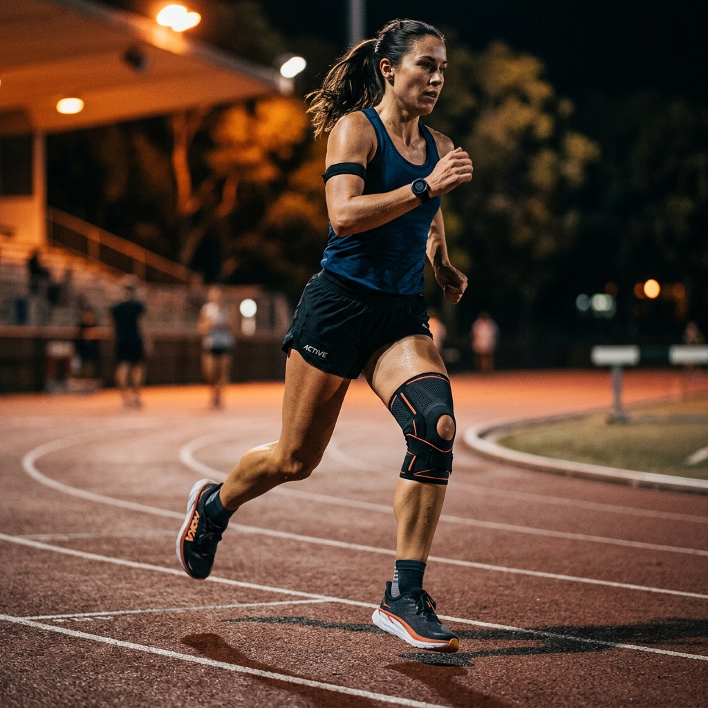 Runner with knee support running on a track at night with orange lighting