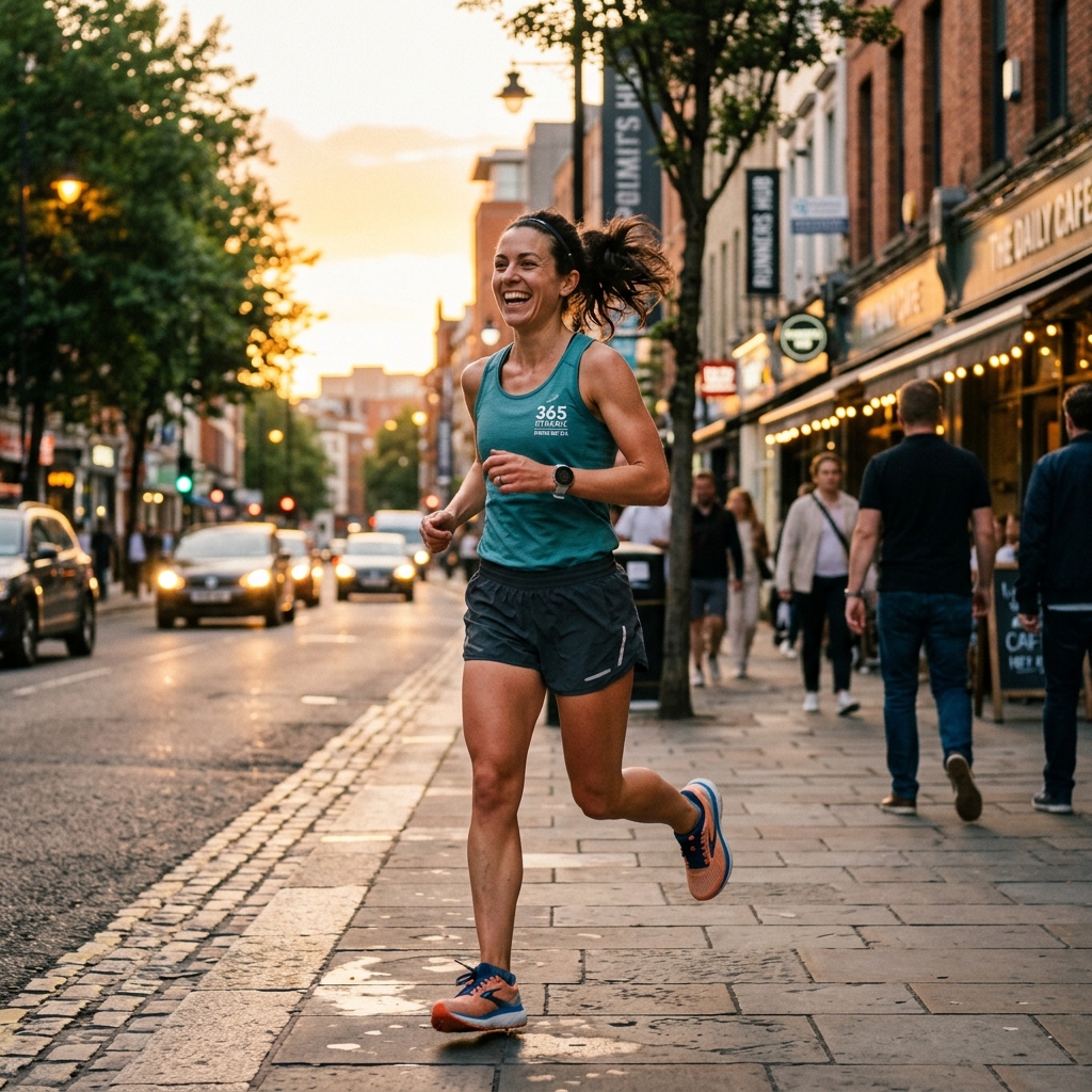 Runner happily running through city streets at golden hour during her daily running streak