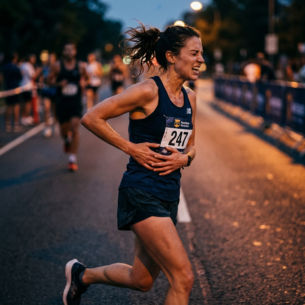 Runner clutching side in pain with a side stitch during a race