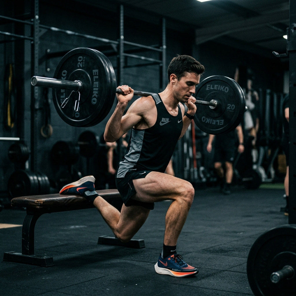 Runner performing Bulgarian split squat with barbell in gym wearing running gear