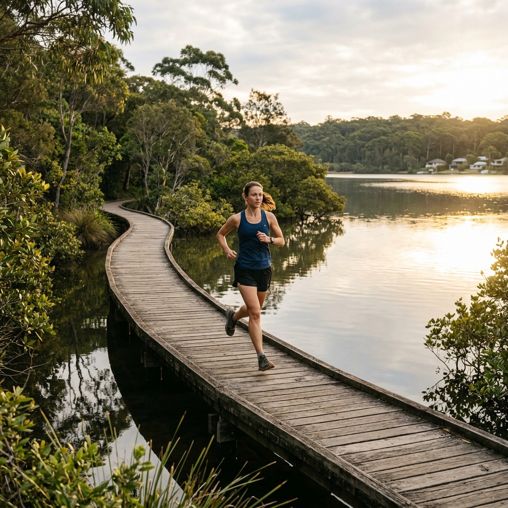 Runner on the Narrabeen Lagoon boardwalk