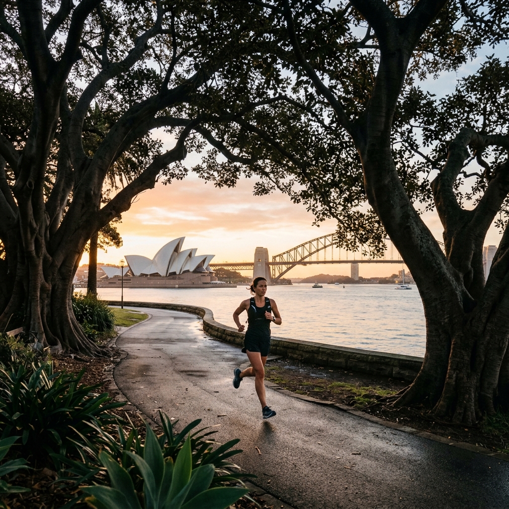 Running near the Sydney Opera House at sunrise