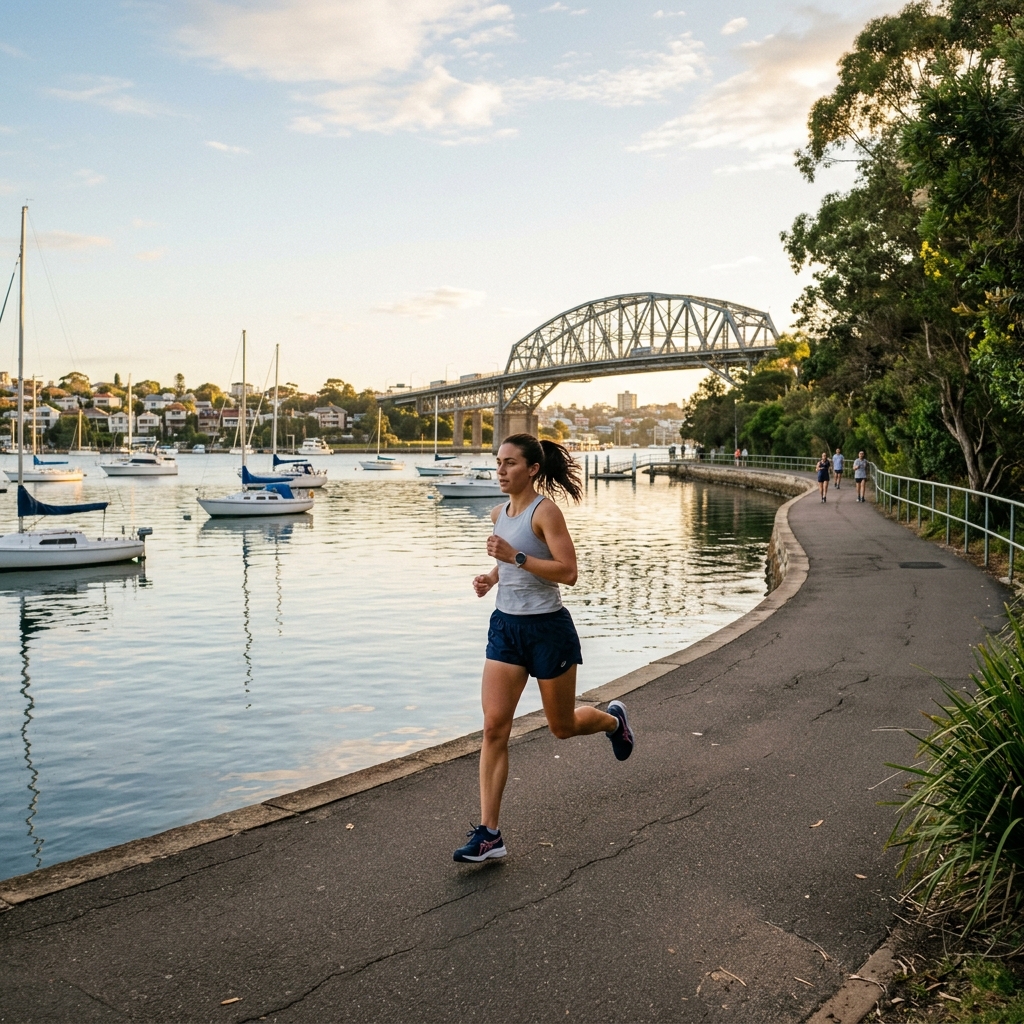 Runner on The Bay Run at sunset