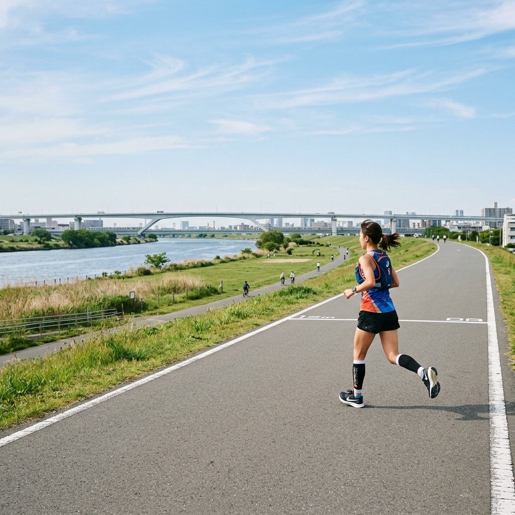 Runner on the Arakawa River embankment trail in Tokyo