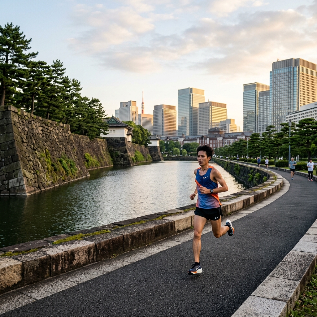 Runner on the Imperial Palace outer loop path at dawn with palace moat and Marunouchi skyscrapers