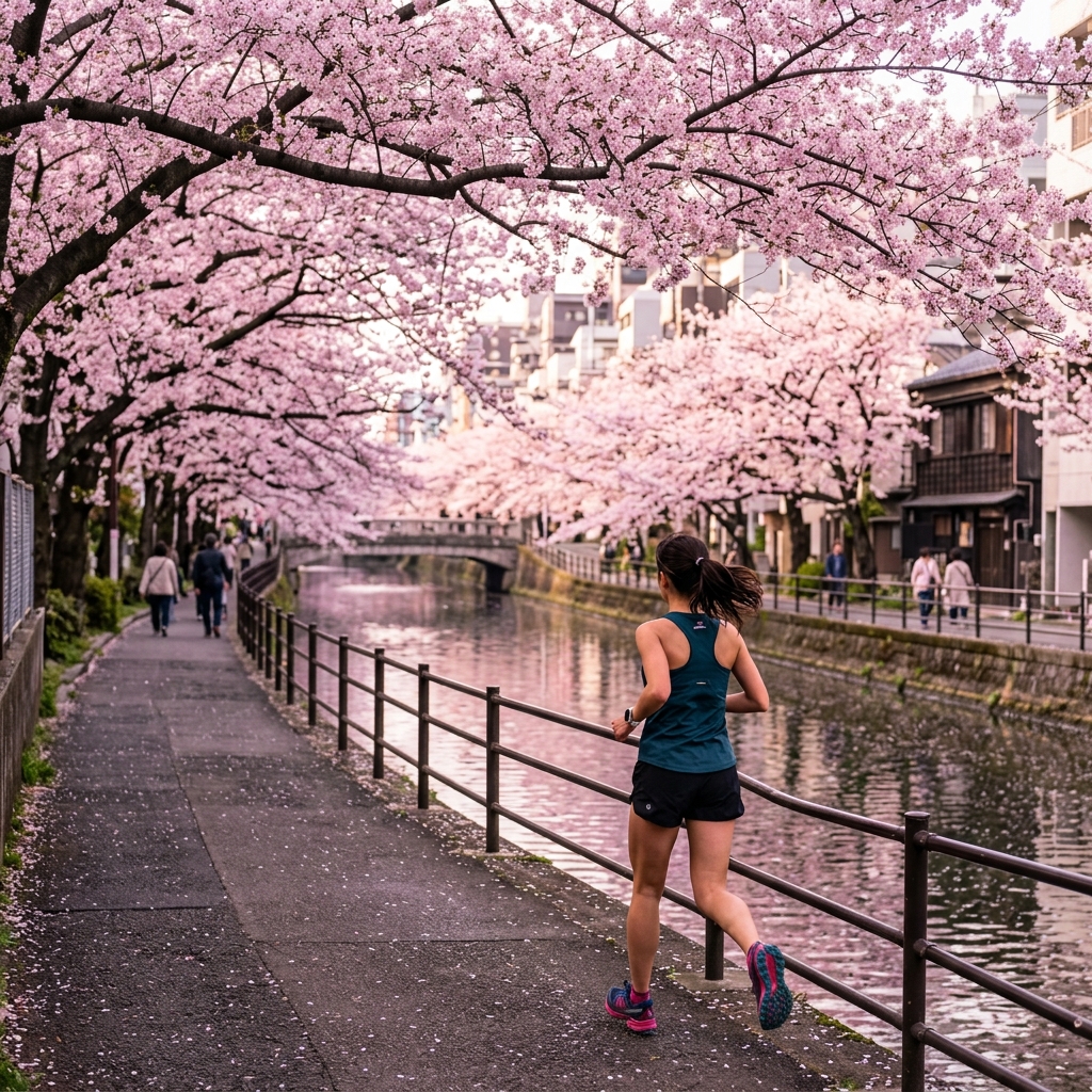 Runner along the Meguro River path under cherry blossom trees