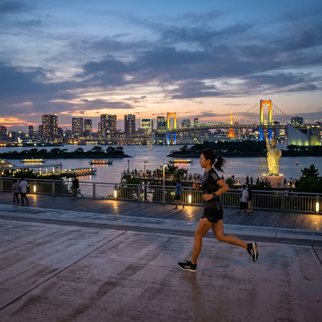 Runner on the Odaiba waterfront promenade with Rainbow Bridge in the distance