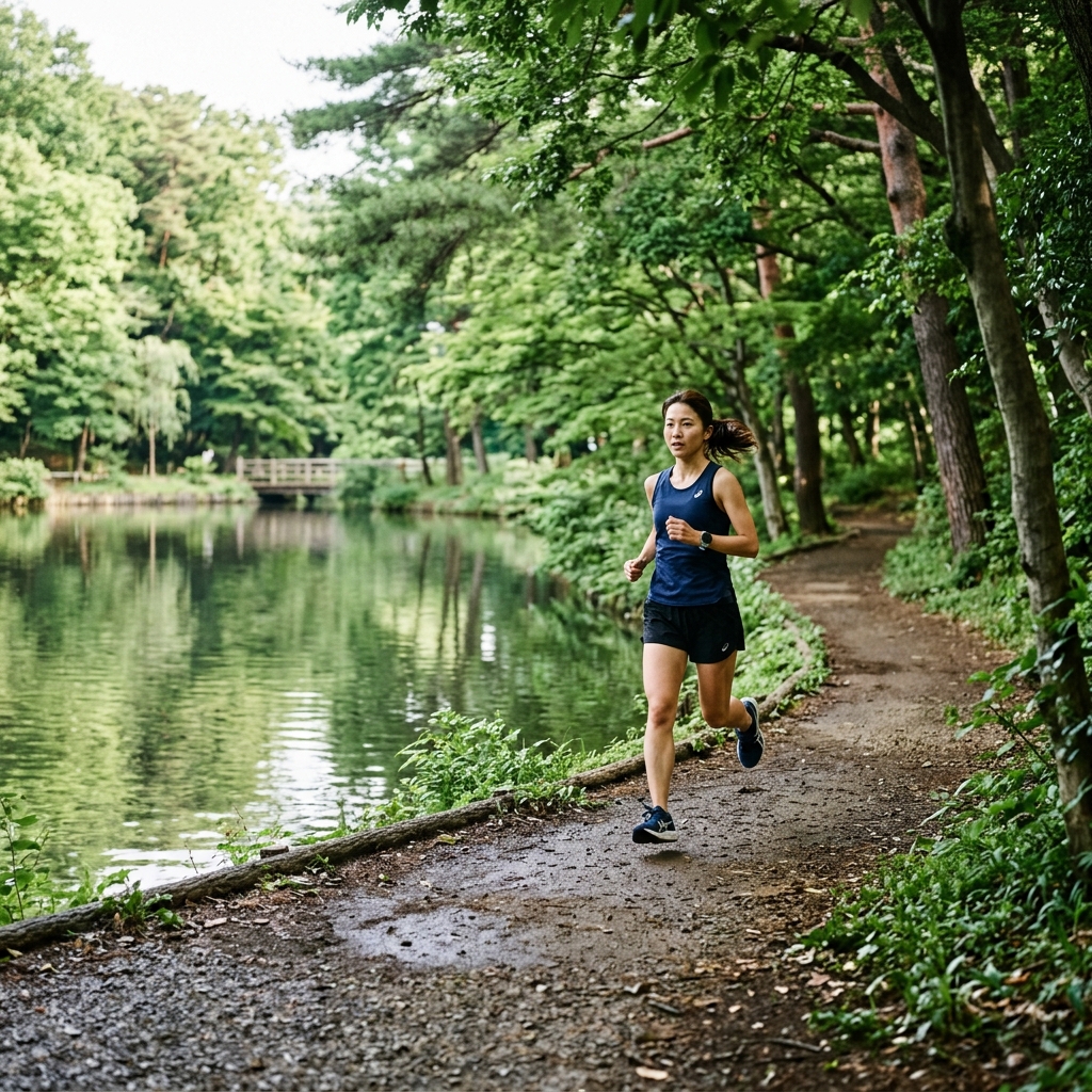 Runner on the gravel path around Shakujii Park lake