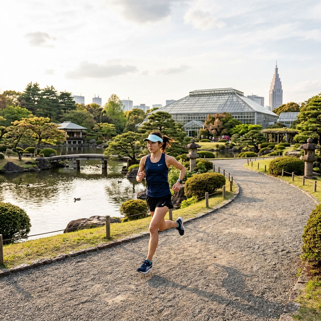 Quiet runner on the paths of Shinjuku Gyoen national garden
