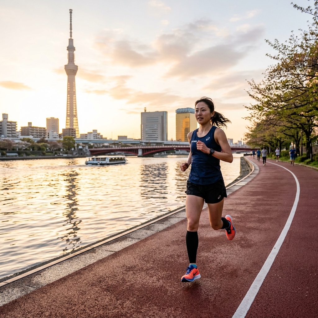 Runner on the Sumida River path with the Tokyo Skytree in the background
